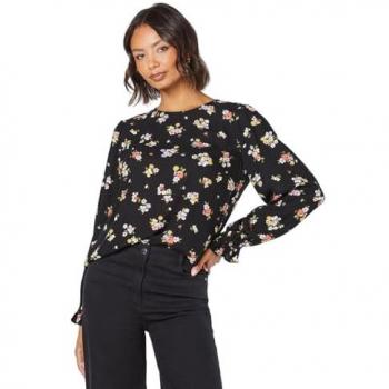 Black Viscose Ditsy Floral Long Sleeve Blouse for Women - Size 14 UK