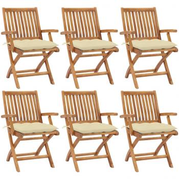 Folding Garden Chairs with Cushions - 6 pcs Solid Teak Wood