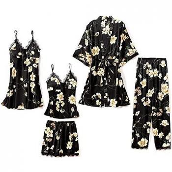 Danfiki Conjunto de Pijama para Mujer, Ropa de Dormir de Seda, Pijama de satén con Encaje Floral, 5 Piezas de Bata con Almohadilla para el Pecho, camisón, camisón Corto Azul