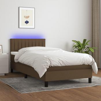 Cama box spring con colchón suave y luces LED, tela marrón oscuro, 90x190cm