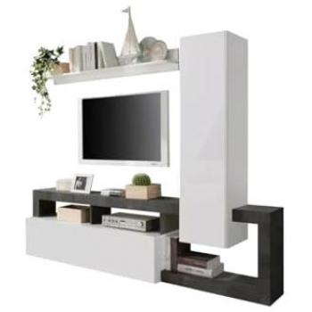 Mueble TV SEFRO - Con compartimentos - Blanco lacado y cemento