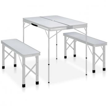 Mesa de camping plegable con 2 bancos en aluminio blanco