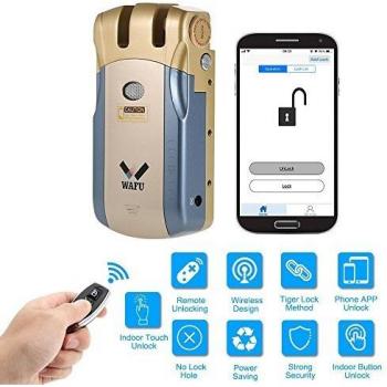 WAFU WF-010U Cerradura Inalámbrica Inteligente Cerradura Invisible Cerradura Control Remoto Desbloqueo de iOS Android APP con 4 Control Remotos, Azul + Oro