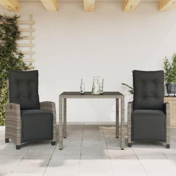 3-Piece Grey Poly Rattan Garden Dining Set with Cushions