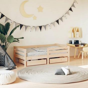 Cama cuadrada redonda para niños con cajones 70x140 cm de madera maciza de pino, color marrón