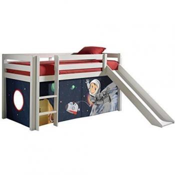 Cama infantil tipo loft con tobogán y tienda espacial de pino macizo blanco, 90 x 200 cm