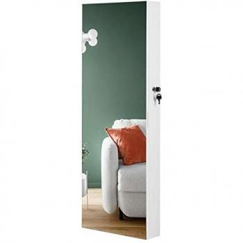 SONGMICS Espejo Joyero, Armario para Joyas, Armario Joyero con 2 Organizadores de Cosméticos, Armario para Pared, Espejo Psicodélico sin Marco, con Cerradura y Llaves, Blanco JJC001W01