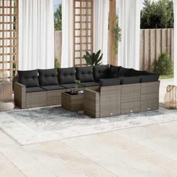 11-Piece Grey Poly Rattan Garden Sofa Set with Cushions