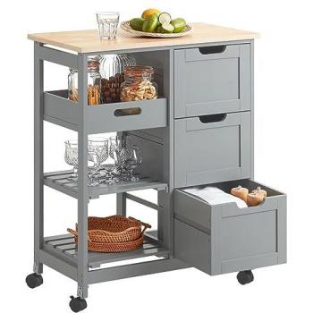 Carro de Almacenamiento SoBuy FKW79-HG Mueble Auxiliar Cocina Carrito de Servir con 3 Cajones, 2 Estantes y 1 Bandeja Extraíble Gris