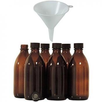 mikken - 6 flaconi medici marroni da 200 ml, per farmacia, da laboratorio, made in Germany e senza BPA, con imbuto, vetro, 6 pezzi