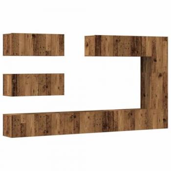 Conjunto de mueble de TV 7 piezas montado en la pared de madera envejecida y madera compuesta