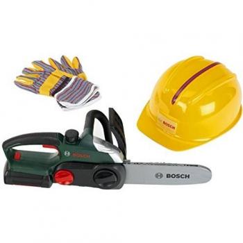 Theo Klein 8456 Kit de trabajador Bosch I Motosierra con luz y sonido I Casco y guantes de trabajo para