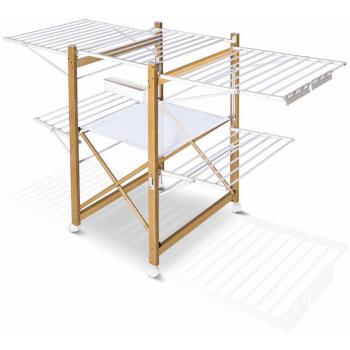 Tendedero Plegable y Extensible Deluxe con Ruedas, Secadora de Ropa de Gran Capacidad Estilo Madera Blanca