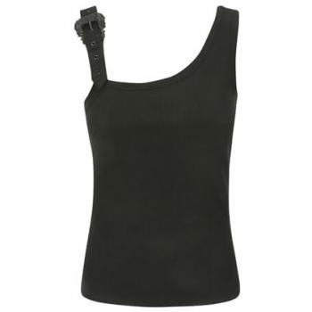 Versace Jeans Couture Women's Black Ribbed Sleeveless Top with Buckle, Size 42