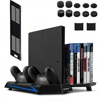Keten PS4 Slim / PS4 Soporte Vertical con Ventilador 2 en 1, Puerto de carga, Almacenamiento para Juegos y Puerto con 3 Espacios para USB - An área Todo en Uno para Sus Necesidades de Juego