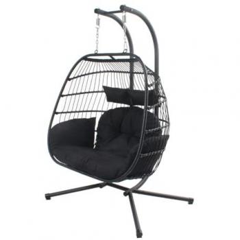 Sillón colgante de 2 plazas negro Faro | Resina aspecto ratán, estructura de acero resistente, cojín grande desmontable