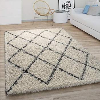 Alfombra Salón Pelo Largo Shaggy Motivo Moderno Boho Escandinavo Rombos Ø 200 cm Redonda Color Crema 2