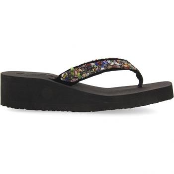 Chanclas de Cuña Negras con Pedrería Multicolor para Mujer