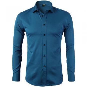 Camisa Bambú Fibra Hombre, Manga Larga, Slim Fit, Camisa Elástica Casual/Formal para Hombre, Turquesa, 3XL