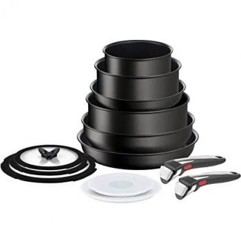 Tefal Ingenio Unlimited On - Juego de 2 sartenes + 2 cazos + guisera + wok + 6 accesorios + 2 Mangos extraíbles, sartenes antiadherentes, revestimiento titanio, Thermo-signal, apto lavavajillas