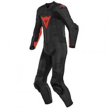 Dainese Traje de Cuero Perforado Laguna Seca 5 - Traje de cuero de motocicleta perforado de una pieza, color negro y rojo, talla 52