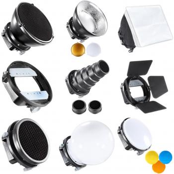 Neewer Pro Kit de Accesorios para Flash Speedlite Incluye Visera,Snoot Cónico, Mini Reflector, Esfera Difusor, Beaty Disc, 20x30cm Caja de luz, Honeycomb, Filtros de Colores, Adaptador