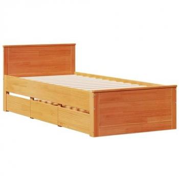 Cama solar sin colchón con cabecero marrón cera 75x190 pino, Cama sin colchón y cabecero madera maciza pino marrón 75x190 cm, cama individual, somier, ar