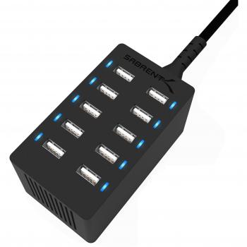 Sabrent 60 Watt (12 Amp) 10-Port Family-Sized Desktop USB Rapid Charger. Smart USB Ports with Auto Detect Technology [Black] (AX-TPCS)