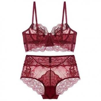 SHEKINI Conjuntos de lencería Sexy Ropa Interior para Mujer Sujetador con Aros Sin Relleno Push up Sujetador y Bragas de Encaje Transparente Caliente Sexy Bralette y Tanga