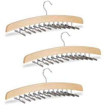Set de 3 Perchas para Corbatas de Madera de Loto, Soporte para 24 Corbatas, Ganchos Giratorios, Color Natural y Plateado
