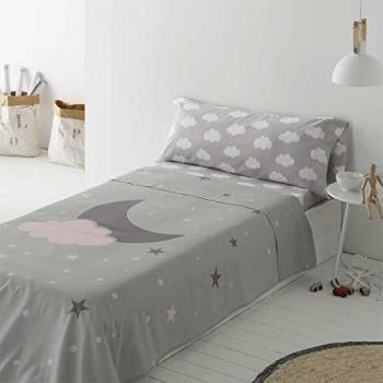 Juego de Sábanas Infantil/Juvenil Luna y Nube 50% Algodón - 50% Poliéster Cama 105 cm (Incluye Sábana Encimera, Funda de Almohada y Sáb
