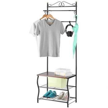 LANGRIA Perchero Metálico Multiusos con Estante y Colgador para Ropa Zapatos, 3 Estantes y 5 Colgador, Capacidad de Carga 35 - 38 kg, Color Negro
