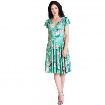 Hell Bunny Midori Pájaro Floral Estilo Wrap Vestido de Tarde - Verde, UK 16
