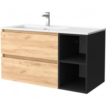 Mueble de baño Bequia 100 cm con 2 cajones, coqueta derecha, 2 huecos y lavabo integrado en color Roble y Negro