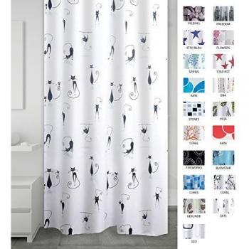 Cortina de Ducha RIDDER Textile Gatos - Cuarto de Baño, Aseo, Inodoro, Bañera, Decoración, Estampado Gato y Hierba