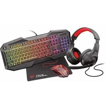Trust Gaming GXT 1180RW Pack Gaming 4 en 1 - Auriculares Multiplataforma - Teclado con Disposición QWERTY Español - Ratón con Iluminación LED - Alfombrilla con Base Antideslizante - Negro
