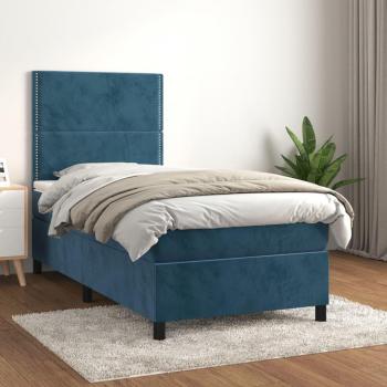 Cama box spring suave con colchón de terciopelo azul oscuro 100x200 cm