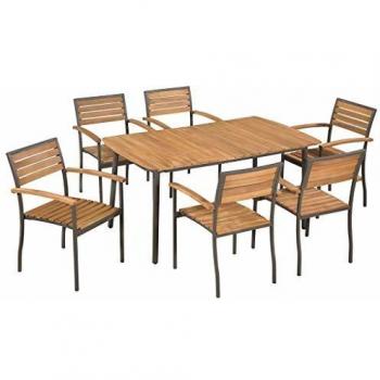 vidaXL Solid Acacia Wood and Steel Outdoor Dining Set 7 Piece Table Chairs