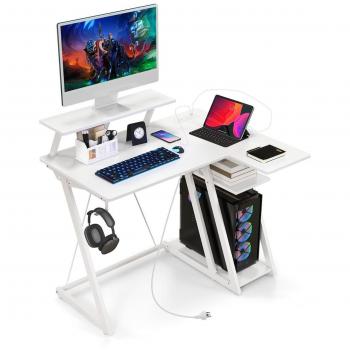 L-Shaped Gaming Desk with Outlets, USB Ports, and Monitor Shelf - White
