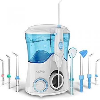 Apiker Irrigador Dental Profesional con 8 Boquillas Multifuncionales, Irrigador Bucal con Capacidad de 600ml, 10 Ajustes de Presión del agua, Limpieza Dientes, Aprobado por la FDA