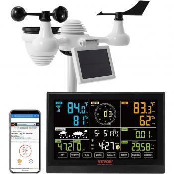 Estación Meteorológica Wi-Fi 7 en 1 Vevor con Sensor Solar Inalámbrico para Exteriores, Alertas de Alarma, Pantalla a Color de 7.5 Pulgadas, Medición de Temperatura