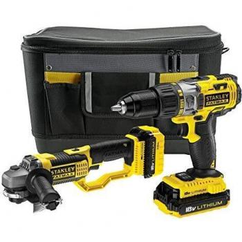 STANLEY FATMAX FMCK464D2-QW - Taladro percutor 18V y amoladora 125mm 18V con 2 baterías litio 2Ah y bolsa de transporte tapa plana