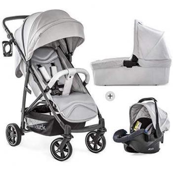 Hauck Rapid 4S Plus Trioset con capazo y asiento para bebé y asiento reclinable, desde nacimiento, capota extra grande, ajustable en altura, plegable, portavasos, hasta 25 kg, gris