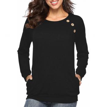 Martiount Camiseta de Manga Larga para Mujer con Bolsillo Botón Design Blusa Camisa Cuello Redondo Basica Camiseta Tops Otoño Casual T-Shirt Black M