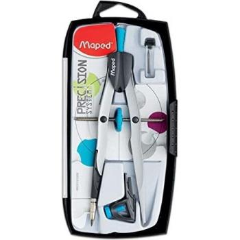 Maped - Compás Dibujo Técnico - Precision System Caja con 3 Piezas - Compás con Bigotera Grande - Incluye 1 Abrazadera Universal y 1 Estuche de Minas - Fabricado en Metal, Modelo surtido
