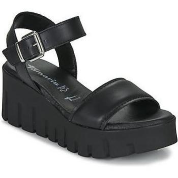 Sandalias de cuña Tamaris 28712-003, color negro, talla 38, con diseño de cuero y suela perfilada