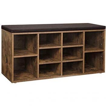 Banco zapatero con asiento acolchado y 10 compartimentos, dimensiones 104x48x30 cm, disponible en varios colores, ideal para pasillo, recibidor y dormitorio