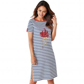 VENCA Camisón Escote Barco con Vivo a Contraste Mujer by Vencastyle - 014677,Rayas Azul Marino/Rojo,S