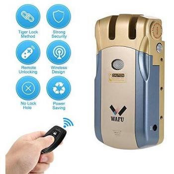 WAFU WF-018 Cerradura Inalámbrica Inteligente Cerradura Control Remoto Cerradura Invisible con 4 Control Remotos, Azul + Oro