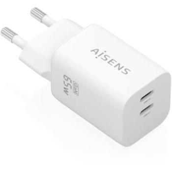 Cargador GaN AISENS 65W 2xUSB-C PD3.0 QC4.0 Rápido Blanco